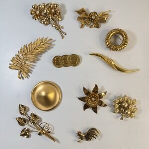 Vintage Brooch Lot - 11 Large Gold Tone Pins Monet / Coro / CC / PEP / Judy Lee